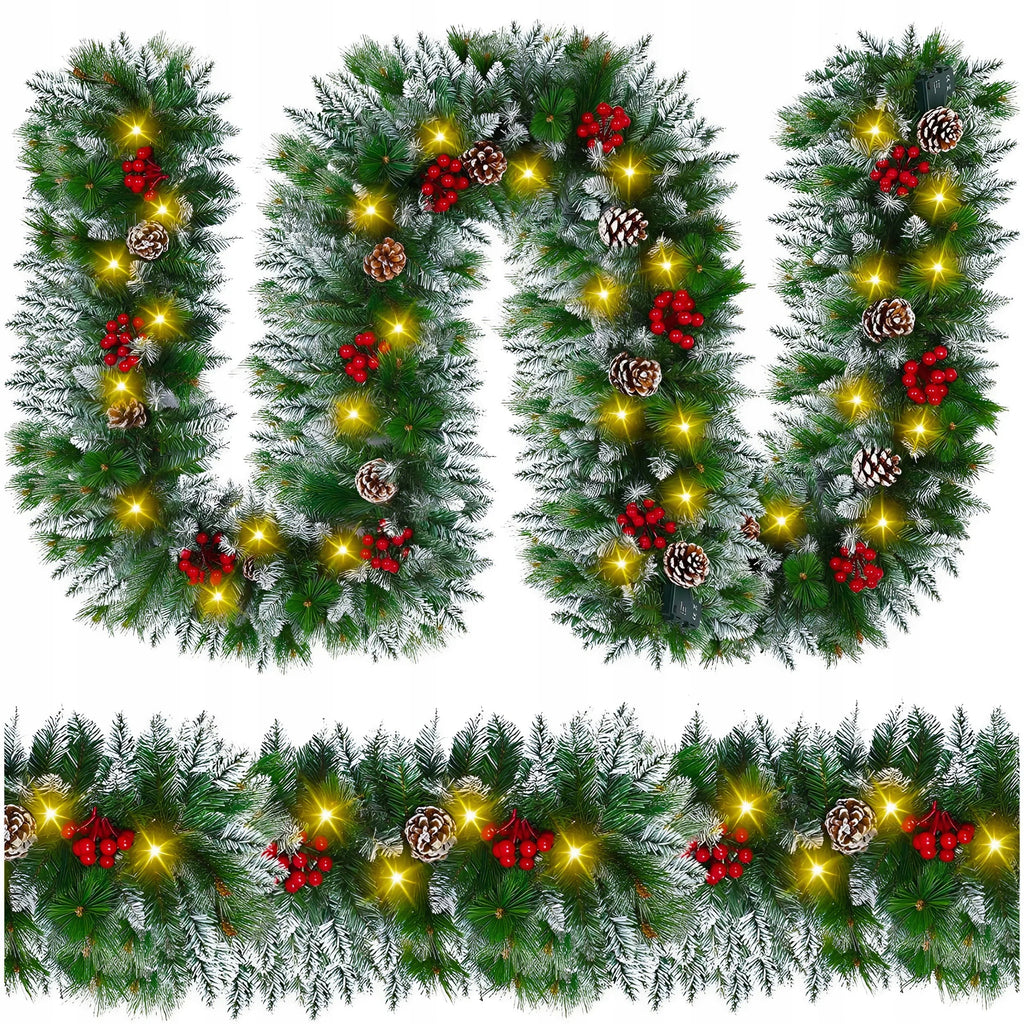 Girlanda Choinkowa 300cm Ośnieżona z Jarzębiną, Szyszkami i Lampkami LED