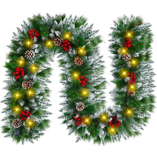 Girlanda Choinkowa 300cm Ośnieżona z Jarzębiną, Szyszkami i Lampkami LED